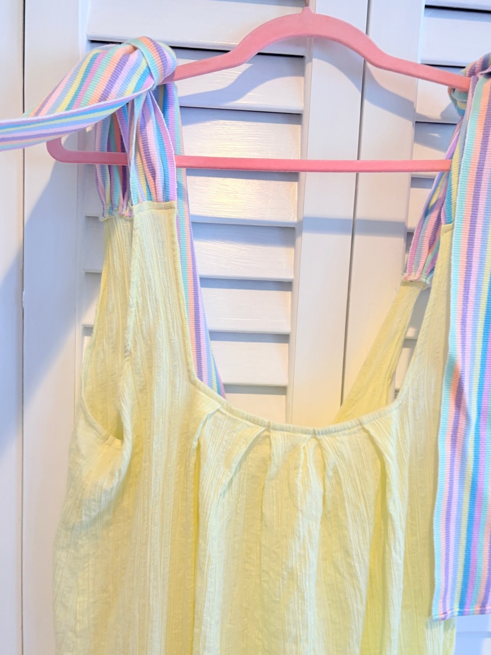 Pitusa Dress Gauzey Ribbon Tie Shoulders Midi Sundress Yellow Pastel Rainbow PS - Picture 3 of 8